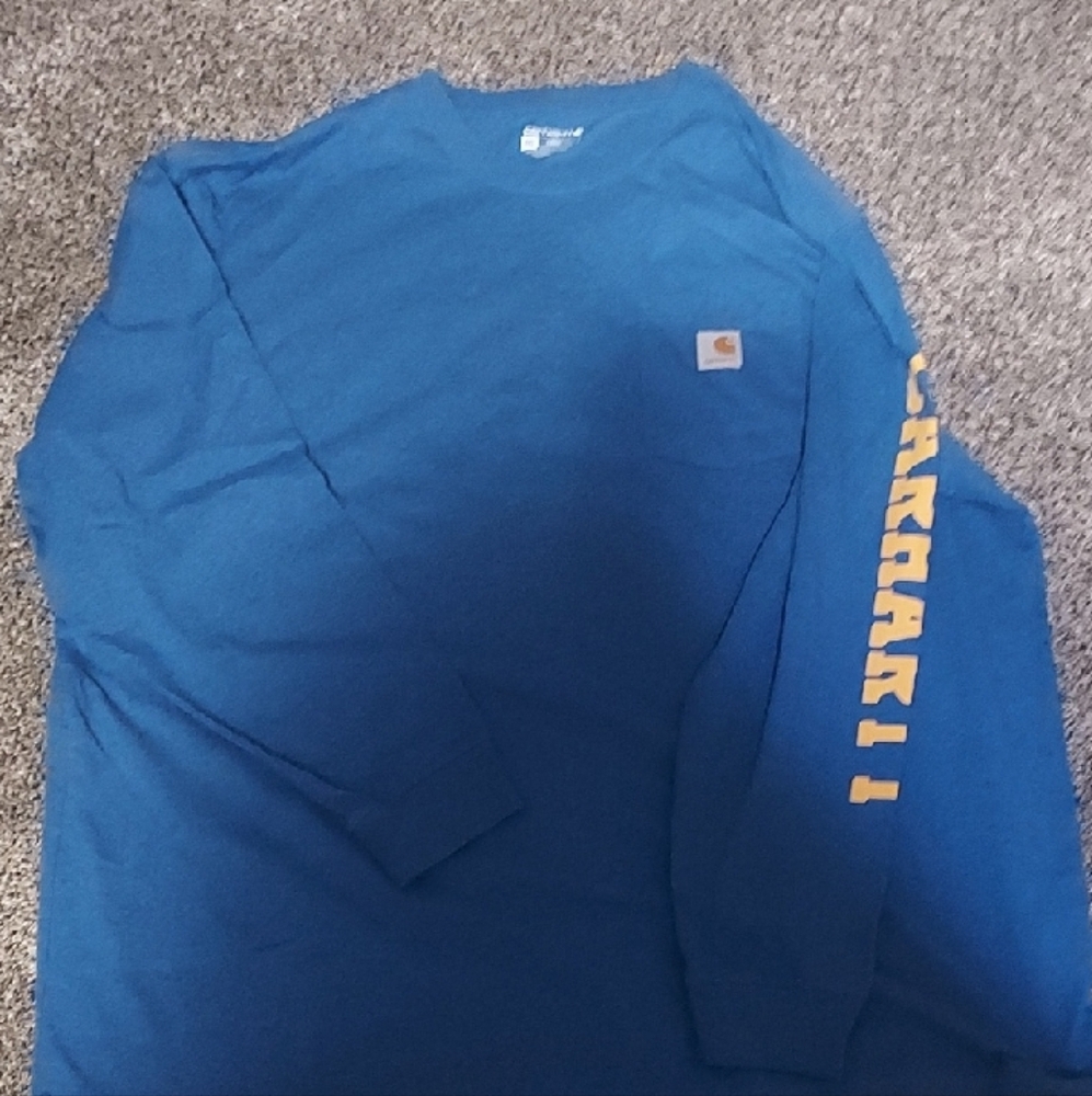 Carhartt Denim Blue Crewneck with Yellow Sleeve Logo.